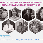 Ilustración que muestra el título del seminario y los rostros de los ponentes, cada unodentro de un hexágono. Incluye los logos de OPS y de la Federación Internacional de Diabetes
