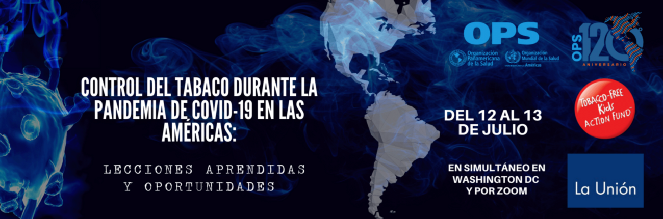 Banner del evento sobre el Control del Tabaco Durante la Pandemia de COVID-19 en las Américas