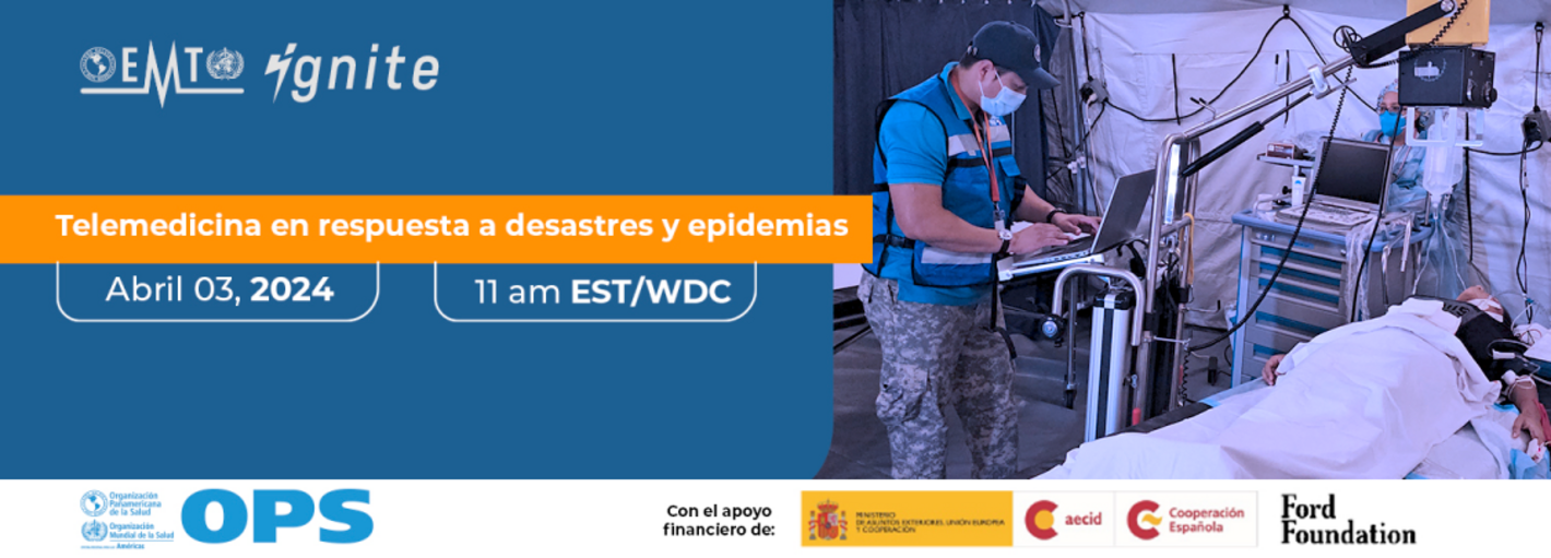 banner webinar Telemedicina en respuesta a desastres y epidemias. Personal de EMT en carpa atendiendo a paciente