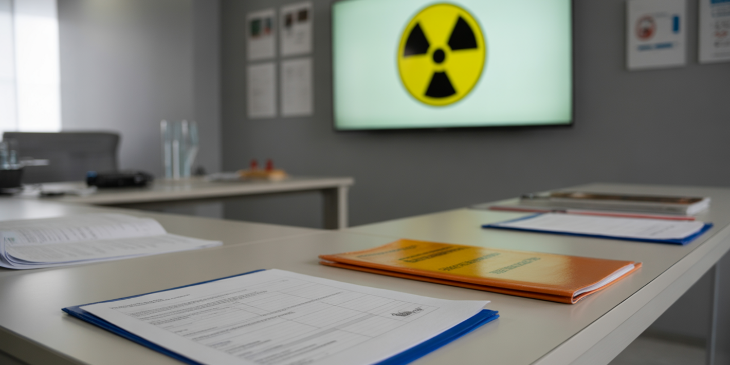 A natural, professional photo showing a modern virtual training focused on capacity building and safety in radiation emergency preparedness. The scene includes a wall screen IN FRONT displaying safety symbols. Documents, manuals, are neatly arranged on a clean table. No people are visible. The atmosphere is calm, organized, and realistic, with neutral lighting and a documentary-style composition.