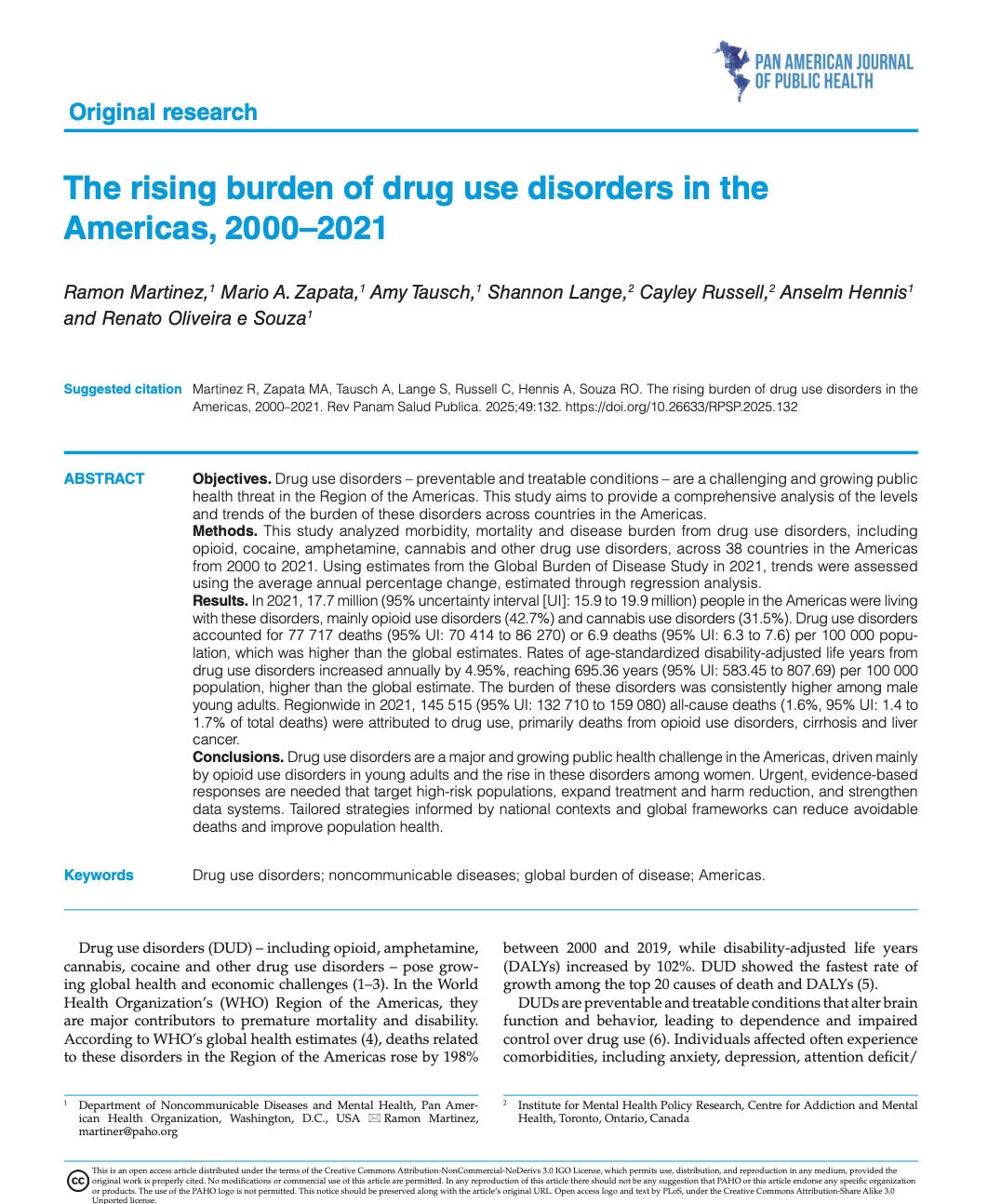 The rising burden of drug use disorders in the
Americas, 2000–2021