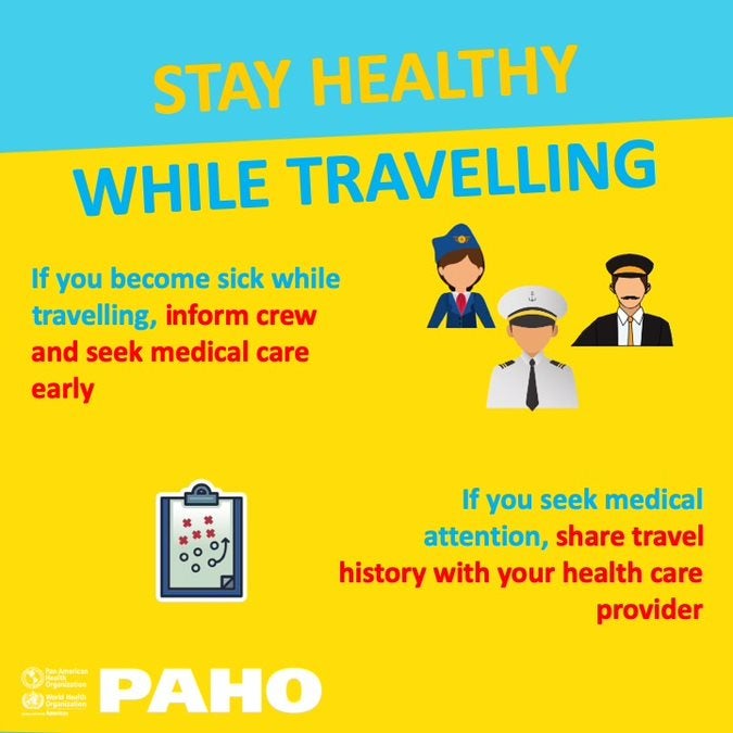 Social Media Postcard: Stay healthy while traveling- Inform crew and seek medical care early