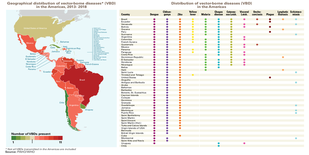 Geographical distribution of vector-borne diseases in the Americas, 2013-2018  - Leishmaniasis