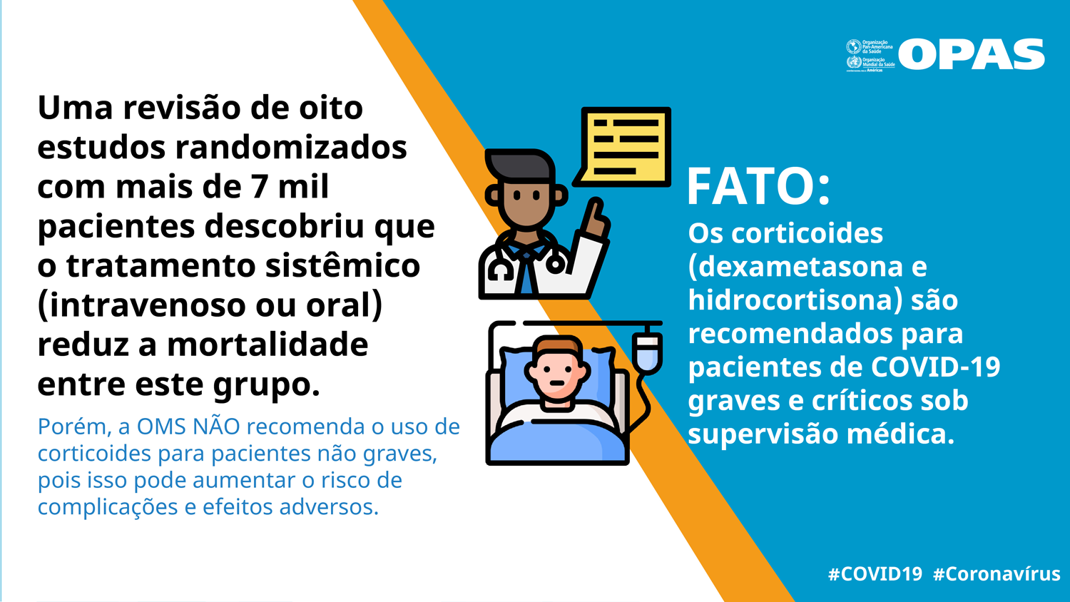 FATO: Os corticoides (dexametasona e hidrocortisona) são recomendados para pacientes de COVID-19 graves e críticos sob supervisão médica.