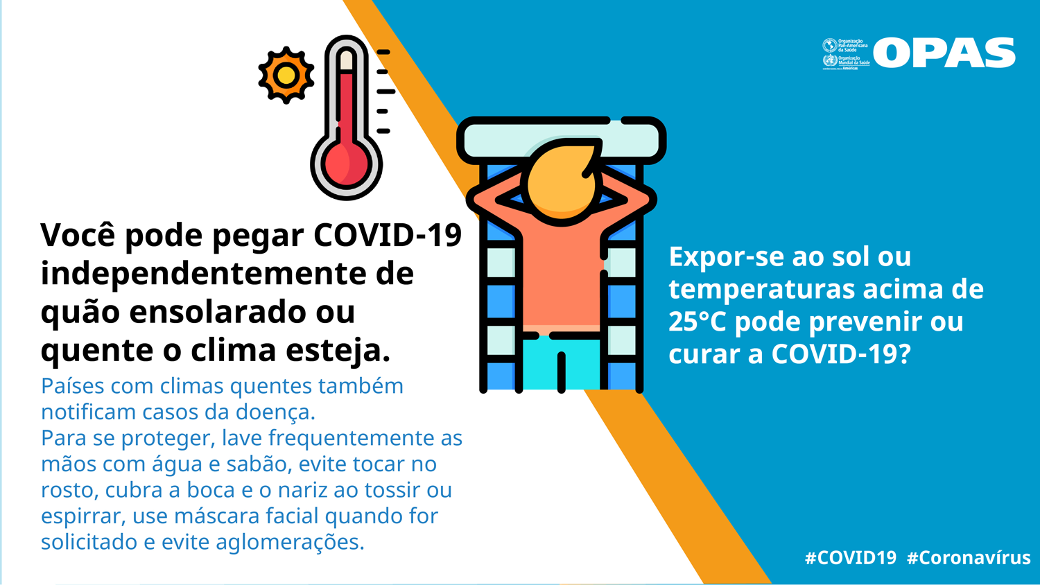 Você pode pegar COVID-19 independentemente de quão ensolarado ou quente o clima esteja.