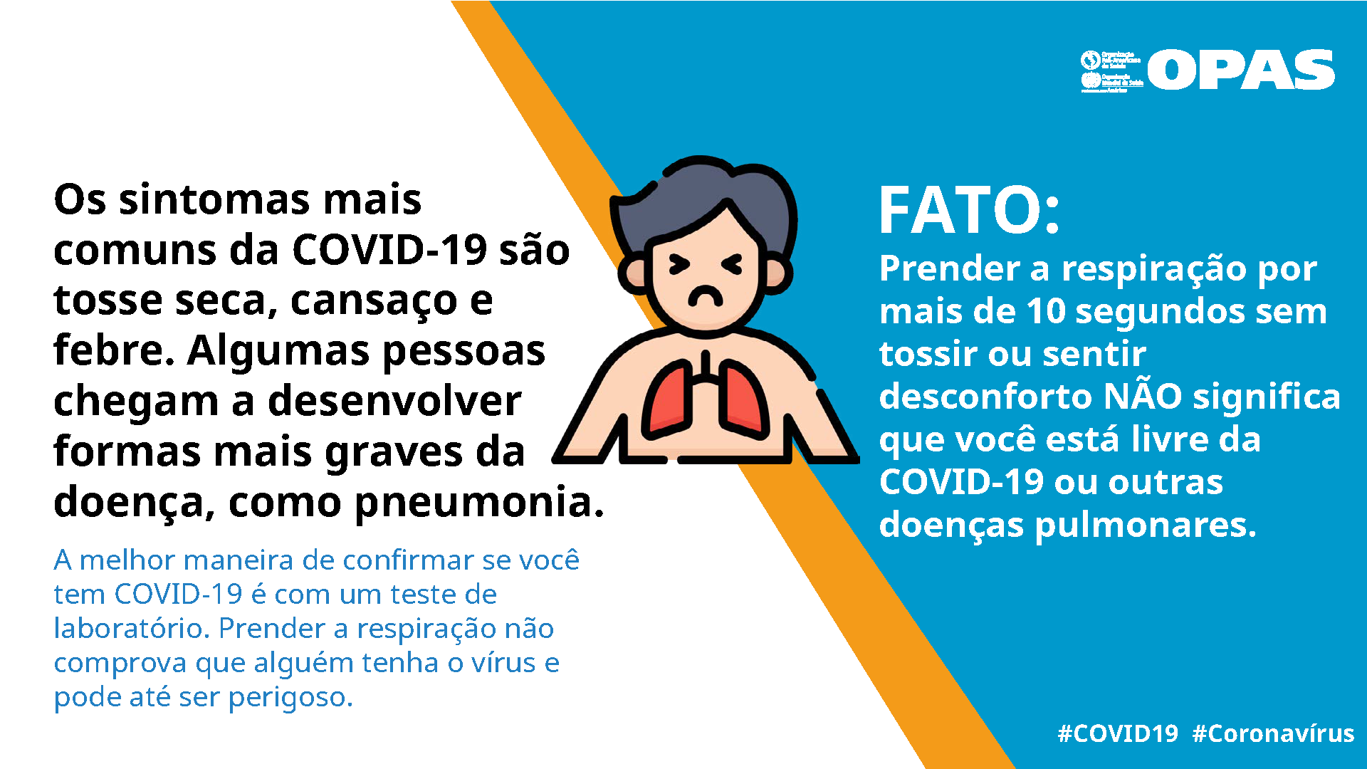 FATO: Prender a respiração por mais de 10 segundos sem tossir ou sentir desconforto NÃO significa que você está livre da COVID-19 ou outras doenças pulmonares.