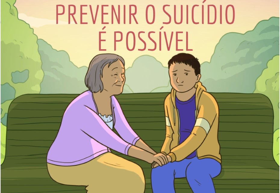 ilustração de uma mulher mais velha segurando as mãos de um adolescente em um banco verde ao ar livre com o título "A prevenção do suicídio pode salvar vidas"