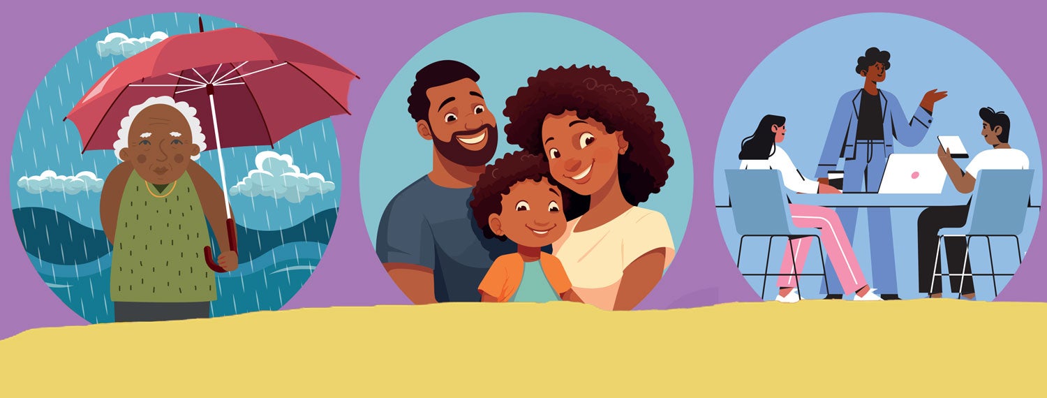 Banner with images of familias, elderly, and office settings