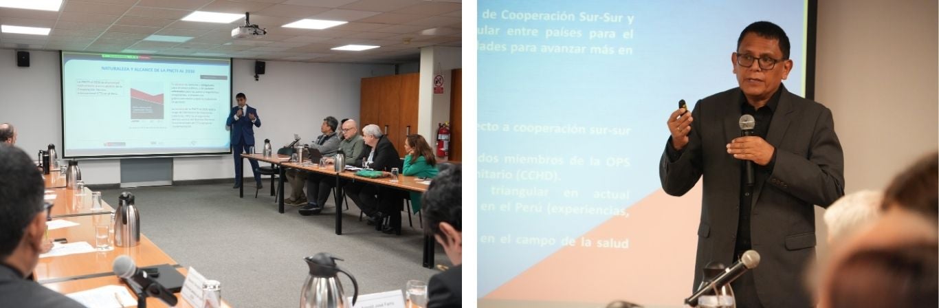 OPS/Luz Rospigliosi|| Izquierda: Jean Paul Saavedra (APCI) presenta las prioridades del gobierno en relación con la cooperación sur-sur y triangular. Derecha: Carlos Javier Rodriguez (OPS/OMS) presenta las iniciativas de cooperación triangular de la OPS/OMS. 