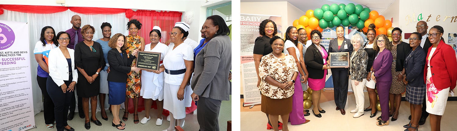 Crédito/OPS – Funcionarios del Ministerio de Salud de San Cristóbal y Nieves (izquierda) y de Antigua y Barbuda (derecha) reciben su placa de certificación de la IHAN de parte de la OPS/OMS tras su certificación en 2022 y 2023, respectivamente.