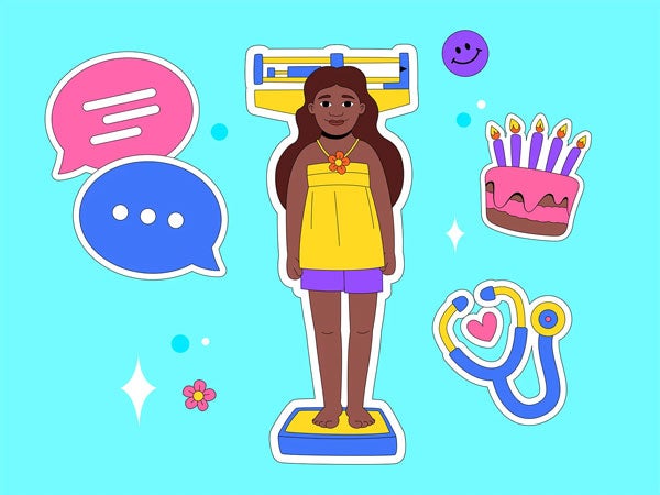 Children aren’t small adults. Girl on scale with an stethoscope and cake floating nearby.