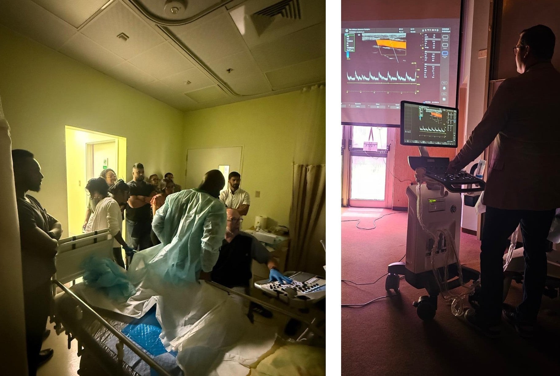 (Right) Facilitator Dr Ethan Schlecht talks to a patient as he demonstrates ultrasound techniques to some participants of the training session at the Arima Hospital. (Left) Dr. Neil Santos goes through a case study with participants at the workshop for the Vascular Ultrasound Training Programme 2025.