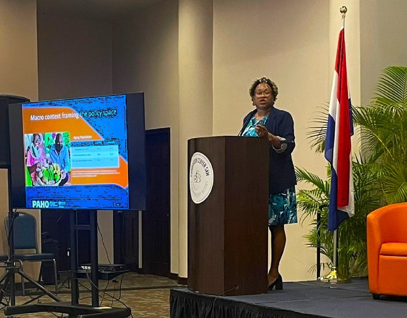 Dr. Ayanna Alexander, Technical Officer - Health Promotion, Life Course, and Determinants at the PAHO/WHO TTTO presents the findings from the Baseline Assessment to  the participants at the conference