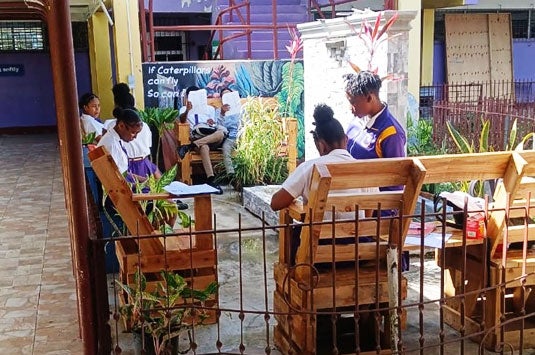 Children using the wellness garden