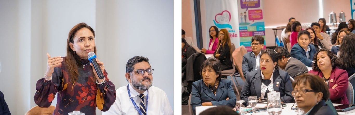 Izquierda: Ivy Lorena Talavera, asesora de Servicios de Salud en el Curso de Vida de la OPS/OMS en Perú y José Aldana, director ejecutivo de la Dirección de Intervenciones por Curso de Vida y Cuidado Integral de Salud – MINSA. Derecha: responsables nacionales de Etapas de Vida de las regiones del país. 