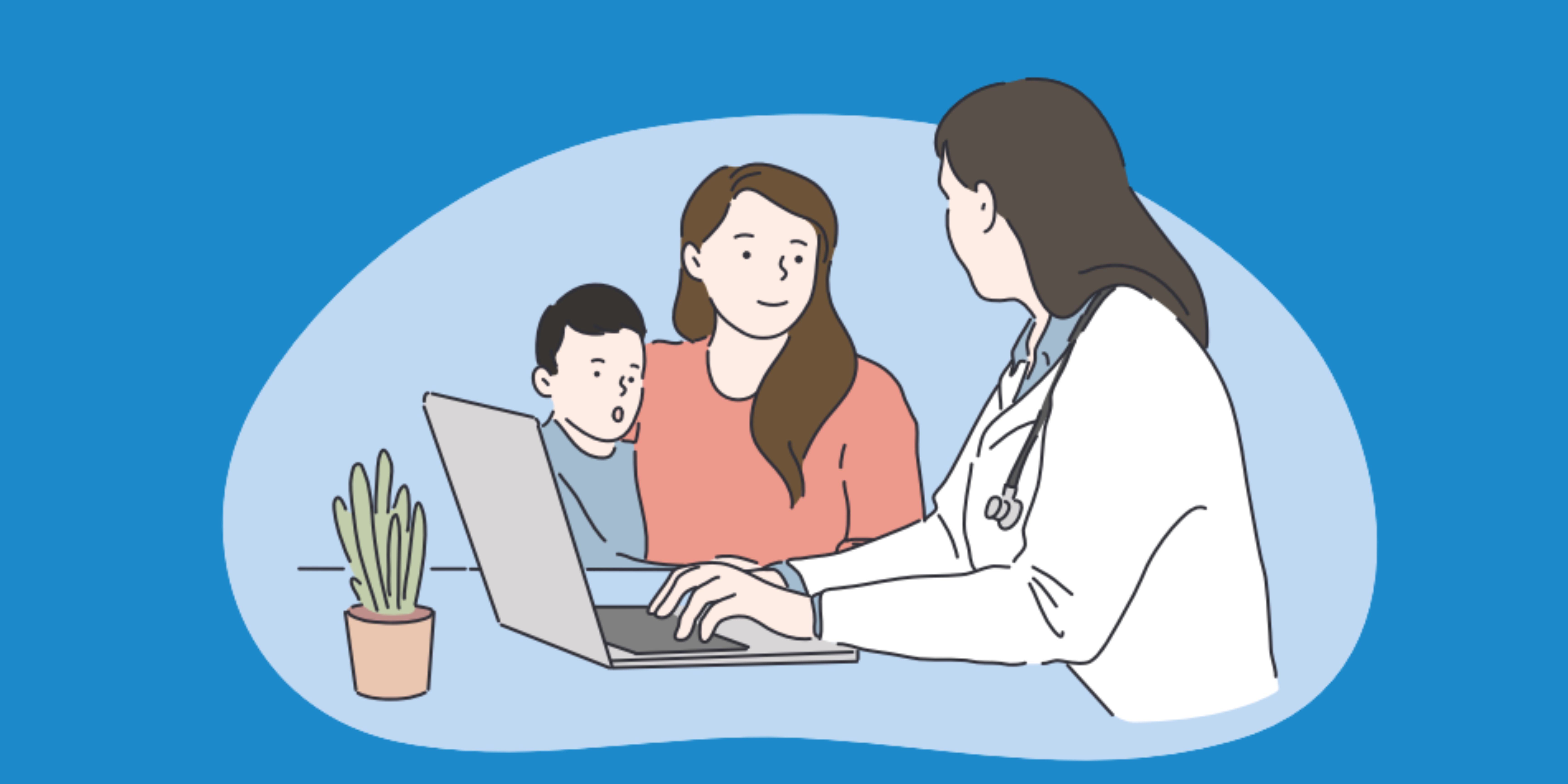 ilustración de una madre con un niño en su regazo hablando con una doctora en una consulta