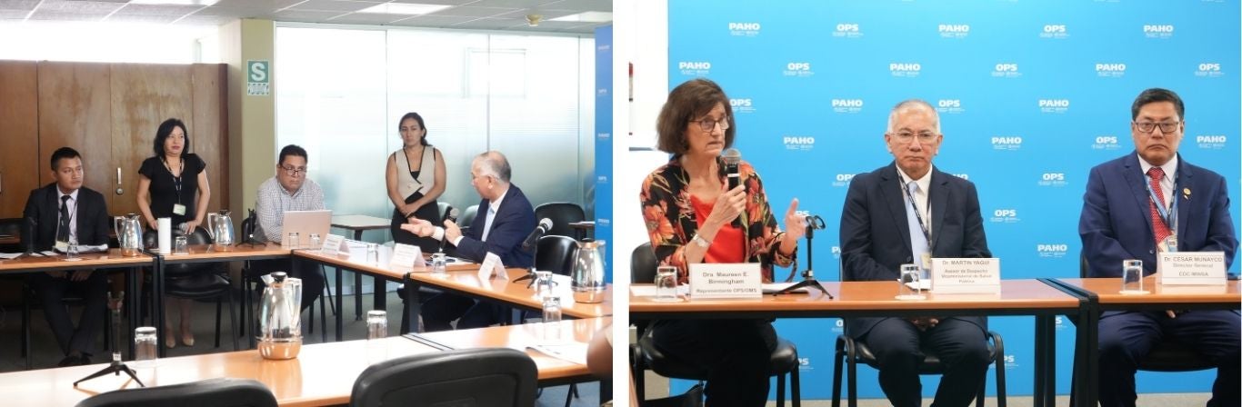 OPS/Luz Rospigliosi || Autoridades presentes. De izquierda a derecha: Maureen Birmingham, representante de la OPS/OMS en Perú, Martin Yagui, asesor de Despacho Viceministerial de Salud Pública y Cesar Munayco, director general del CDC-Minsa.