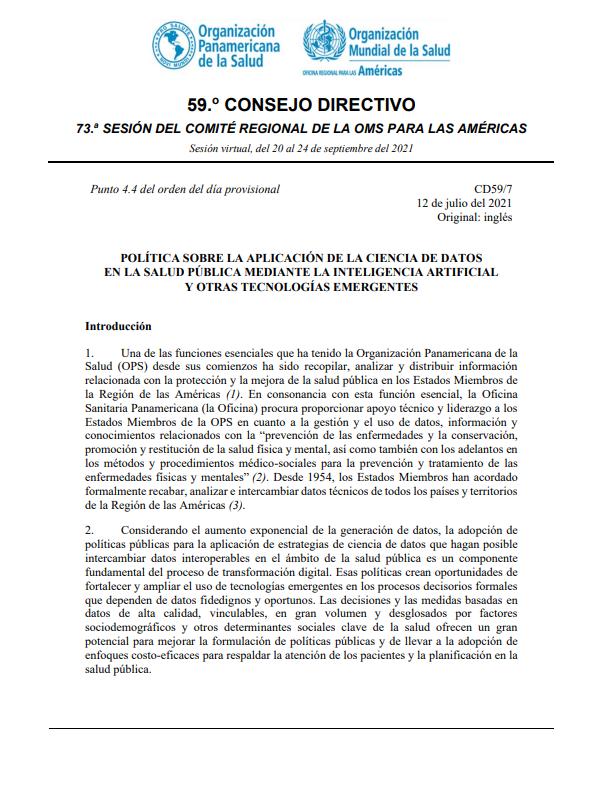 Política sobre la aplicación de la ciencia de datos en la salud pública mediante la inteligencia artificial y otras tecnologías emergentes