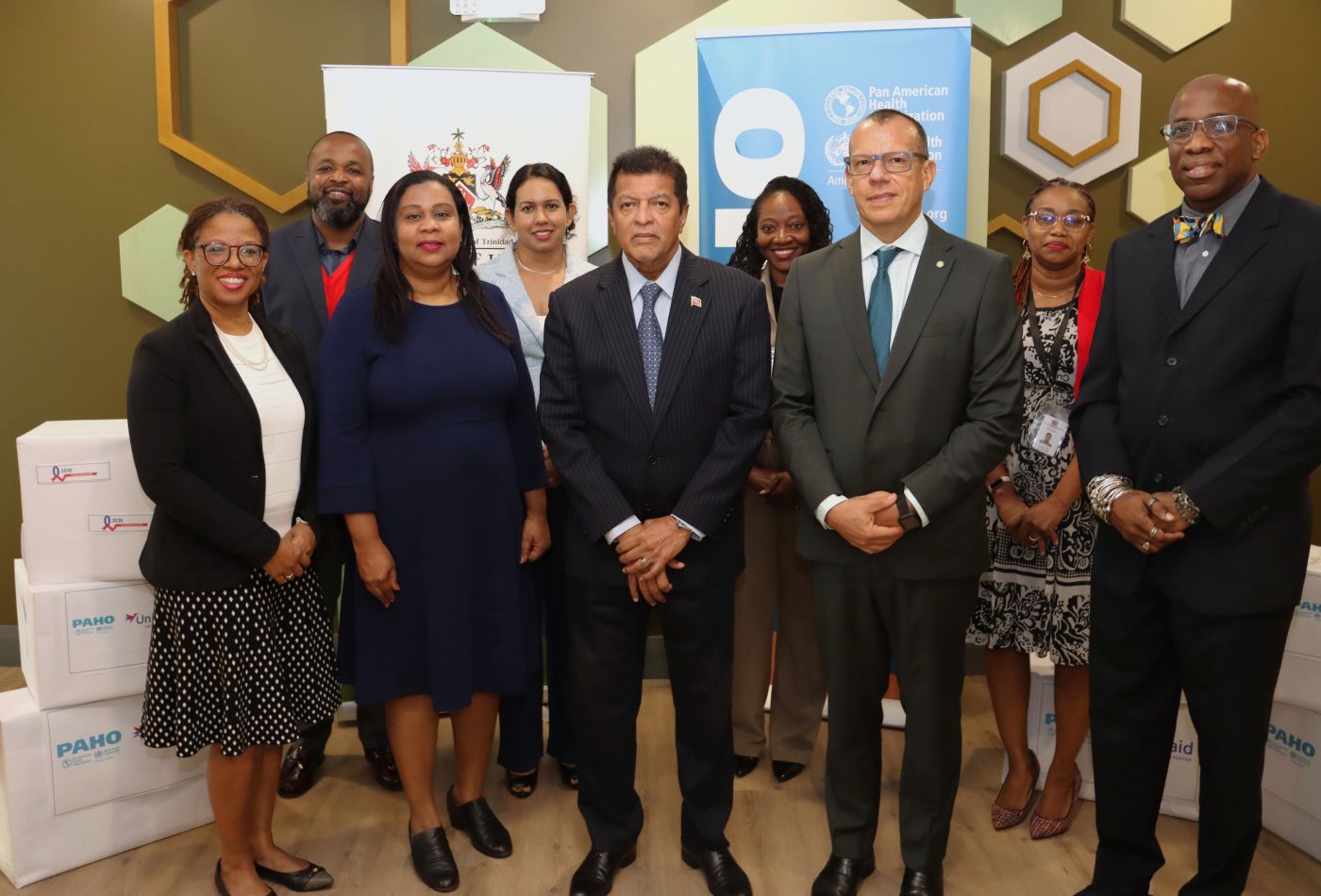 Present at the handover were ( L-R Front Row), Dr. Jeanine St. Bernard - Chief Medical Officer (Ag.), Ms. Erica Fortune - Permanent Secretary in the Ministry of Health,&nbsp; The Honourable Dr. Lackram Bodoe&nbsp; - Minister of Health, Dr. Gabriel Vivas Francesconi -&nbsp; PAHO/WHO Representative, Dr Stephen Nurse-Findlay - Advisor, Communicable Disease Control and Elimination PAHO/WHO TTO as well as (L – R&nbsp; 2nd Row)&nbsp; from the Ministry of Health Mr. David Constant - Resource Mobilization Cooperation Specialist,&nbsp; Ms. Ani