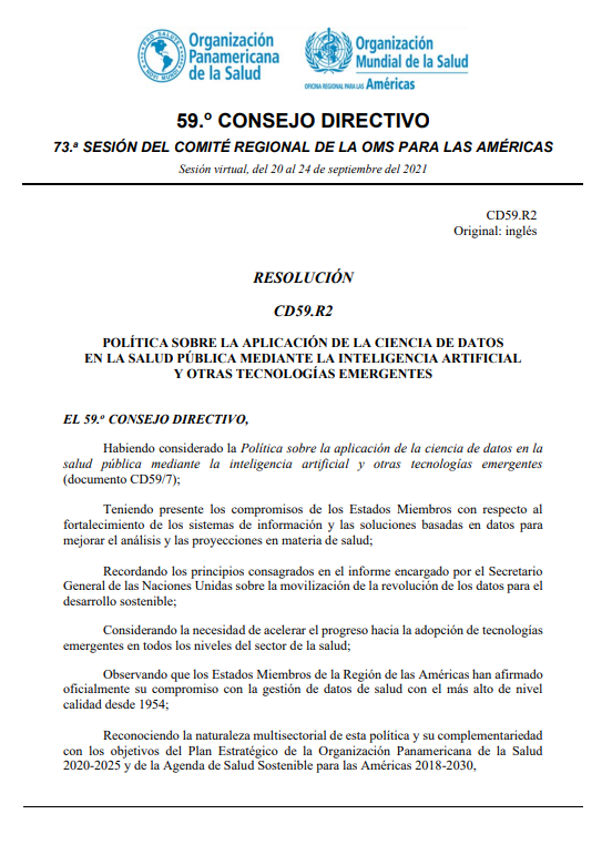 Política sobre la aplicación de la ciencia de datos en la salud pública mediante la inteligencia artificial y otras tecnologías emergentes
