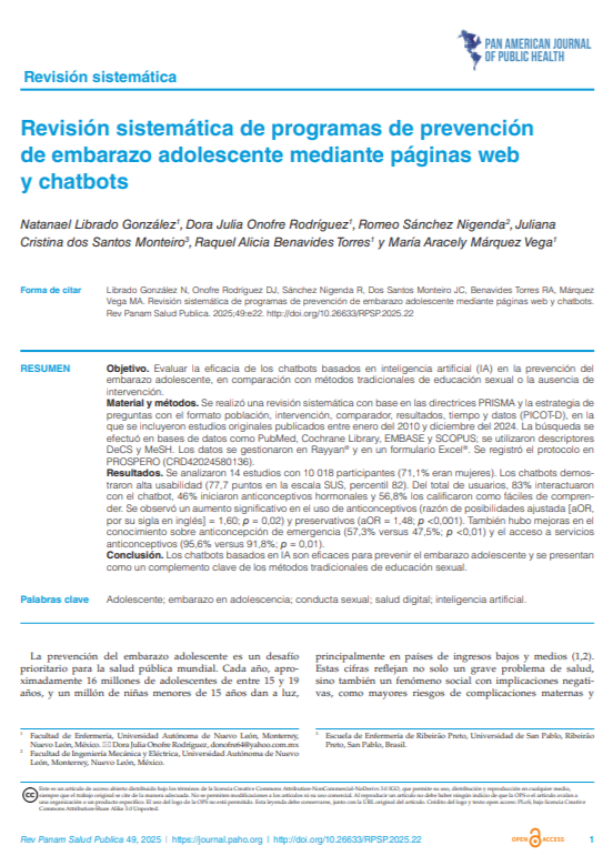 Revisión sistemática de programas de prevención de embarazo adolescente mediante páginas web y chatbots