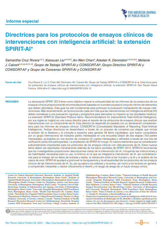 Directrices para los protocolos de ensayos clínicos de intervenciones con inteligencia artificial: la extensión SPIRIT-AI