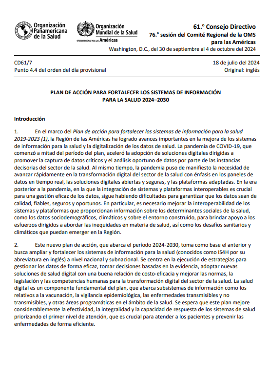 Plan de acción para fortalecer los sistemas de información para la salud 2024-2030