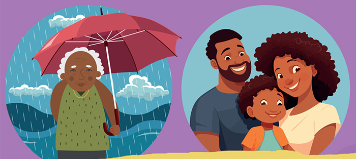 Illustrations of an elder woman and family