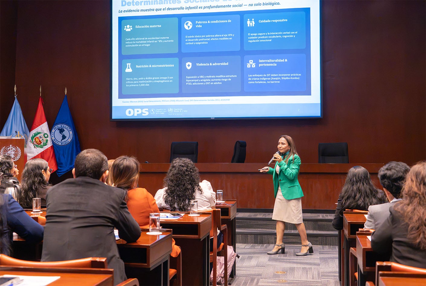 Asesora internacional presentando diapositiva 