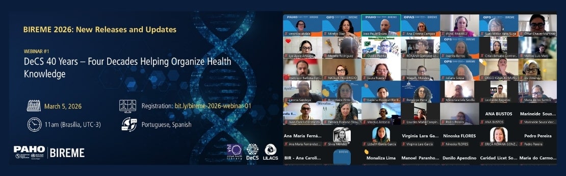 Banner for Webinar No. 1 on the 40th anniversary of DeCS, alongside a screenshot of the participants.