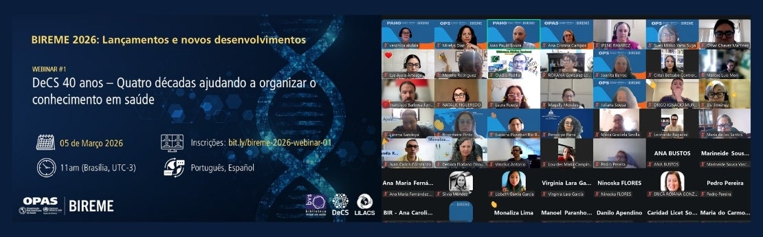 Banner do Webinário nº 1 sobre os 40 anos do DeCS, ao lado de uma captura de tela dos participantes.