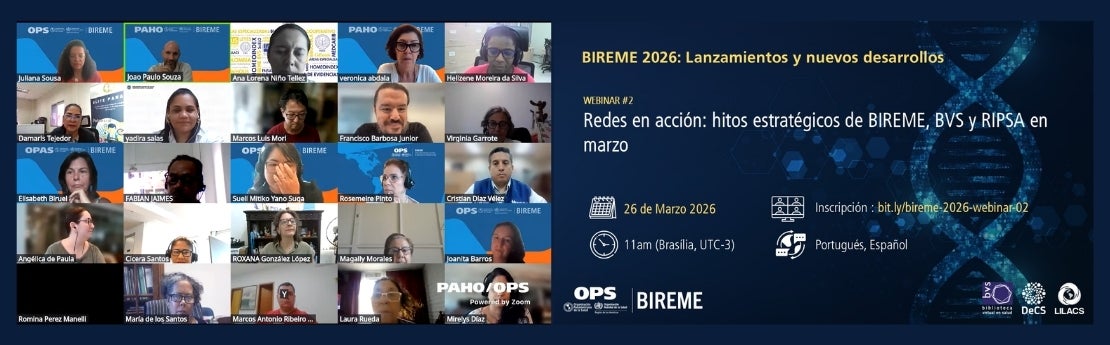 Banner del Webinario n.º 2 sobre los hitos estratégicos de BIREME, BVS y RIPSA, junto a una captura de pantalla de los participantes.