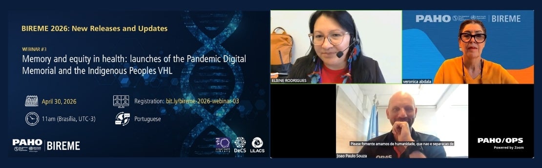 Banner for Webinar No. 3 on the Pandemic Digital Memorial and the Indigenous Peoples VHL, alongside three participants.