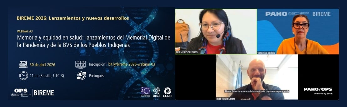 Banner del Webinario n.º 3 sobre el Memorial Digital de la Pandemia y la BVS de los Pueblos Indígenas, junto a tres participantes.