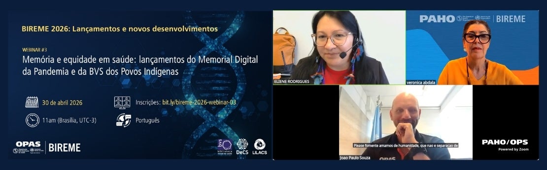 Banner do Webinário nº 3 sobre o Memorial Digital da Pandemia e a BVS dos Povos Indígenas, ao lado de três participantes.