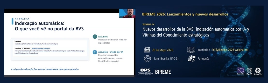 Banner del Webinario n.º 4 sobre indización automática mediante inteligencia artificial y Vitrinas del Conocimiento, junto a una presentación.