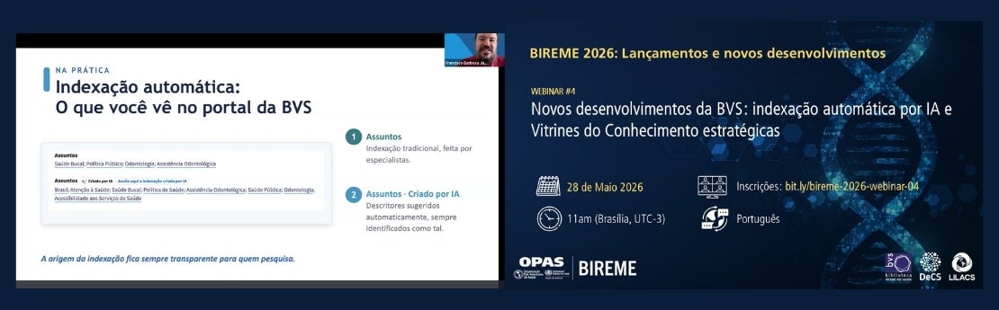 Banner do Webinário nº 4 sobre indexação automática por inteligência artificial e Vitrines do Conhecimento, ao lado de uma apresentação.