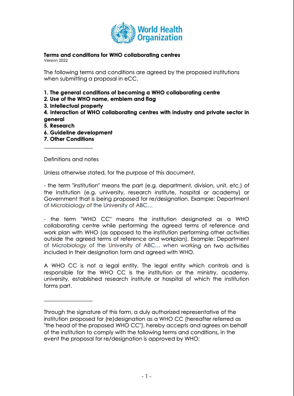 Terms and conditions for WHO collaborating centres