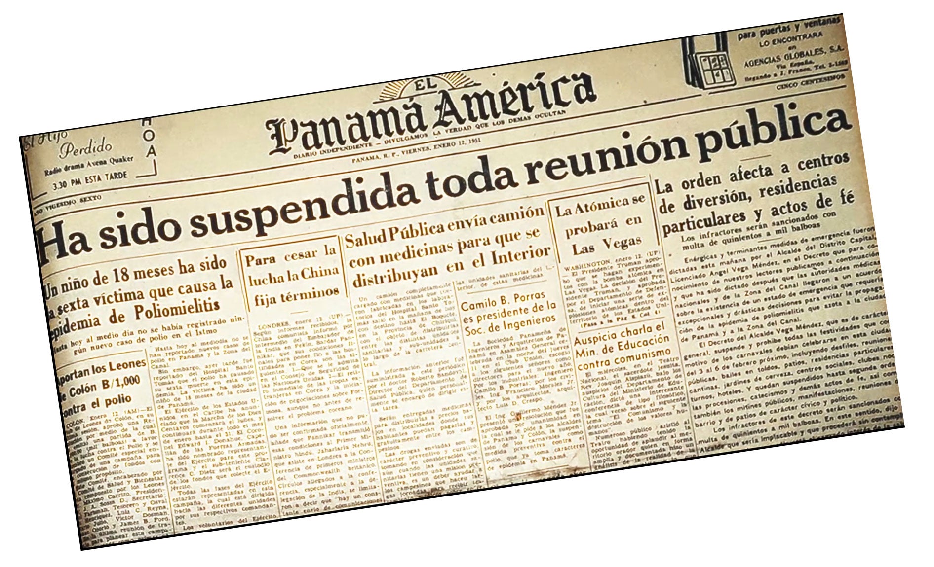 Periódico que anuncia medidas para evitar la propagación de la poliomielitis