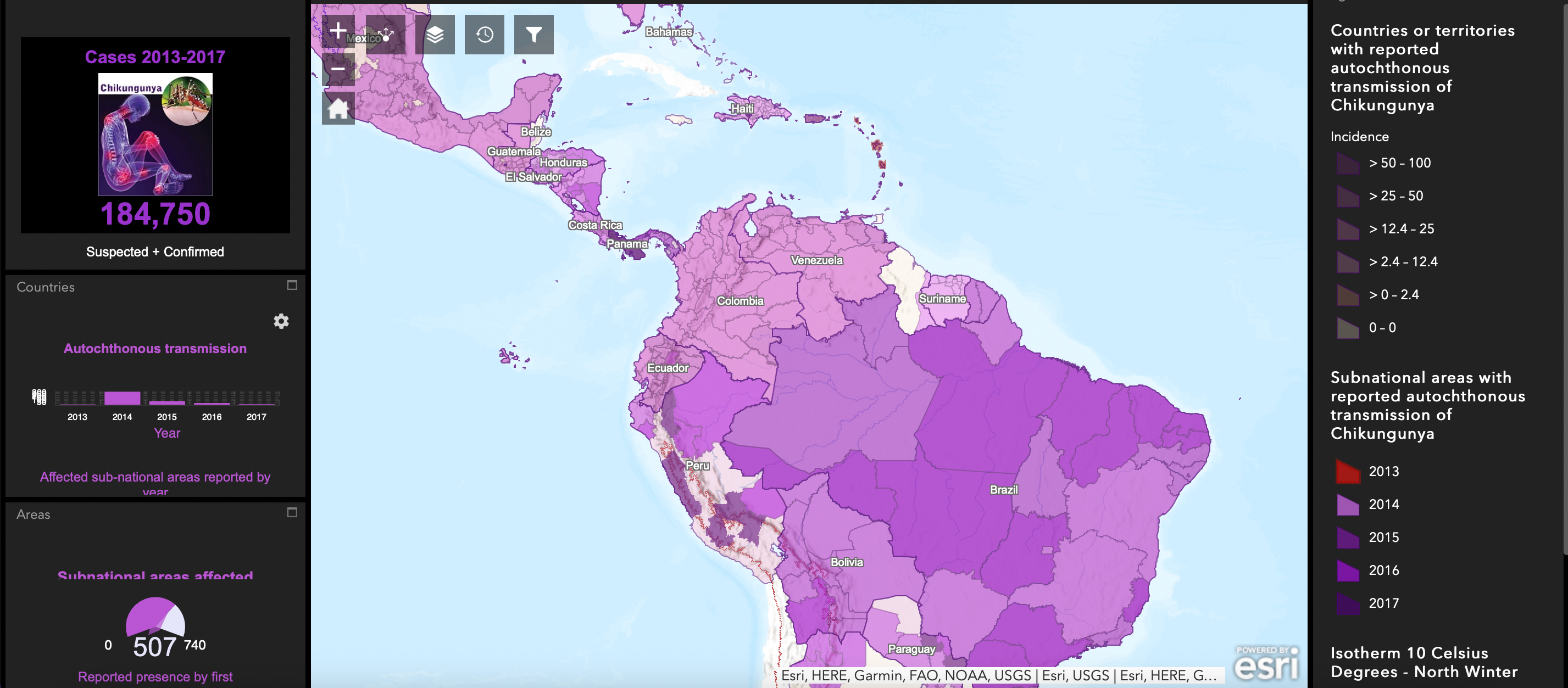 Chikungunya in the Americas time-space distribution, 2013-2017