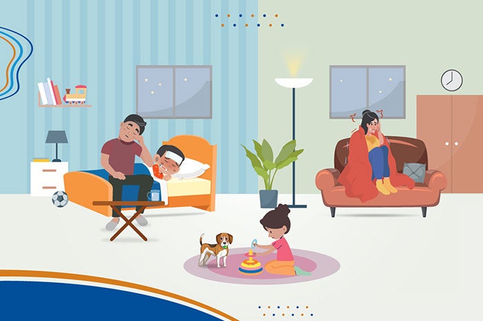 Interior de una casa con miembros de la familia enfermos