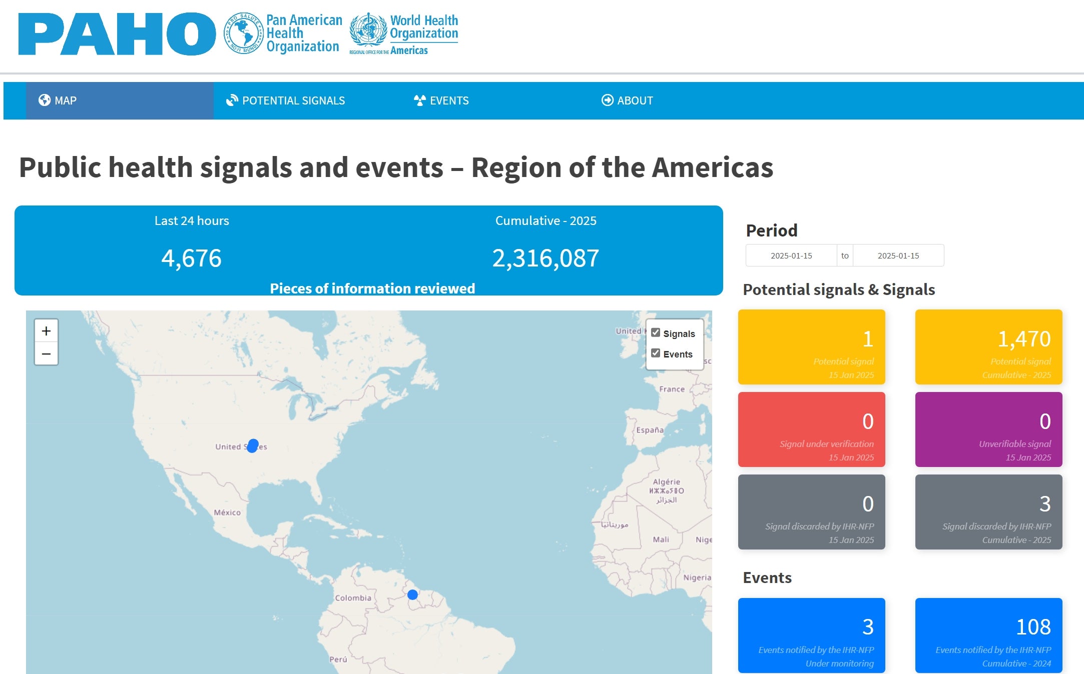 America's map and highlight numbers listed by events and potential signals