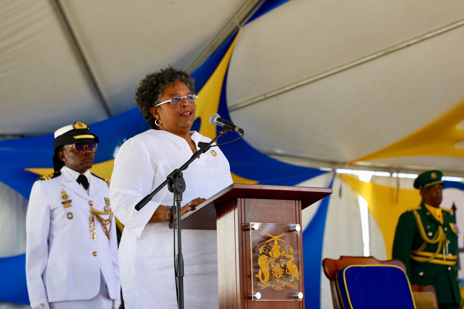 The Prime Minister of Barbados, the Honourable Mia Amor Mottley, thanking all award recipients for their service during the COVID-19 pandemic.