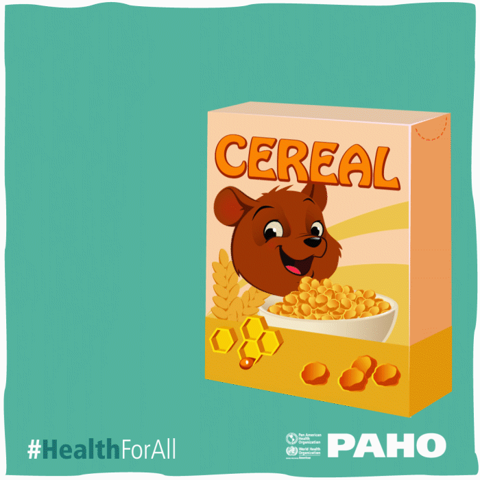 -	Unregulated marketing of unhealthy foods  contributes to childhood obesity  what needs to change?  remove cartoon characters  add front of pack labelling; green background and a cereal box with a bear and changes to a cereal box with front of pack labelling with no cartoon character; #HealthForAll