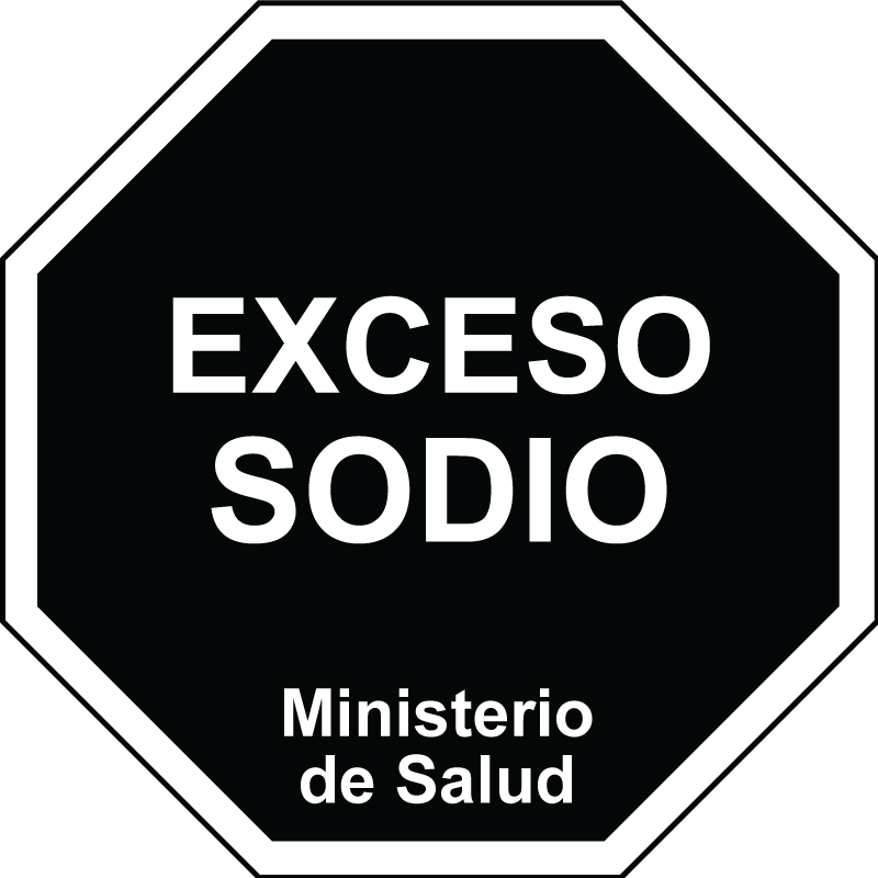 Octágono de fondo negro con la leyenda en blanco "Exceso de sodio" y "Ministerio de Salud"