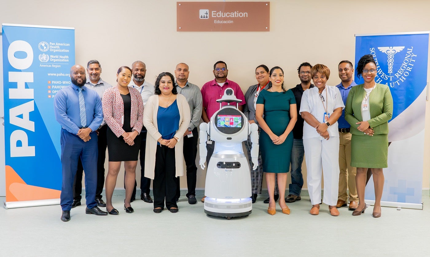 Staff of the South-West Regional Health Authority and Facilitators from the University of Trinidad and Tobago at the Humanoid Health Service Robot Training in the Point Fortin Hospital
