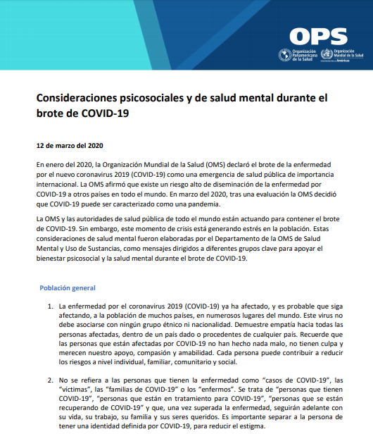 Consideraciones psicosociales y de salud mental durante el brote de COVID-19