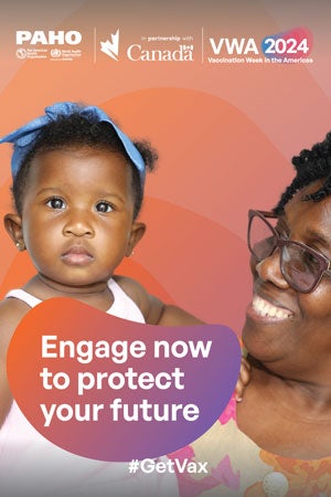 Poster for Vaccination Week in the Americas - Baby girl held by mother