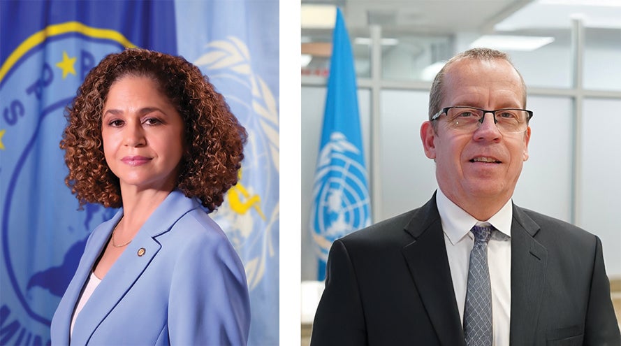 From left, Dr. Amalia Del Riego, PAHO/WHO Representative for Barbados and the Eastern Caribbean Countries and Mr. Simon Springett, UN Resident Coordinator for Barbados and the Eastern Caribbean