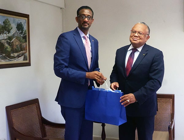 Dr Yitades Gebre presented his credentials to Senator the Hon Jerome Walcott, Minister of Foreign Affairs and Foreign Trade